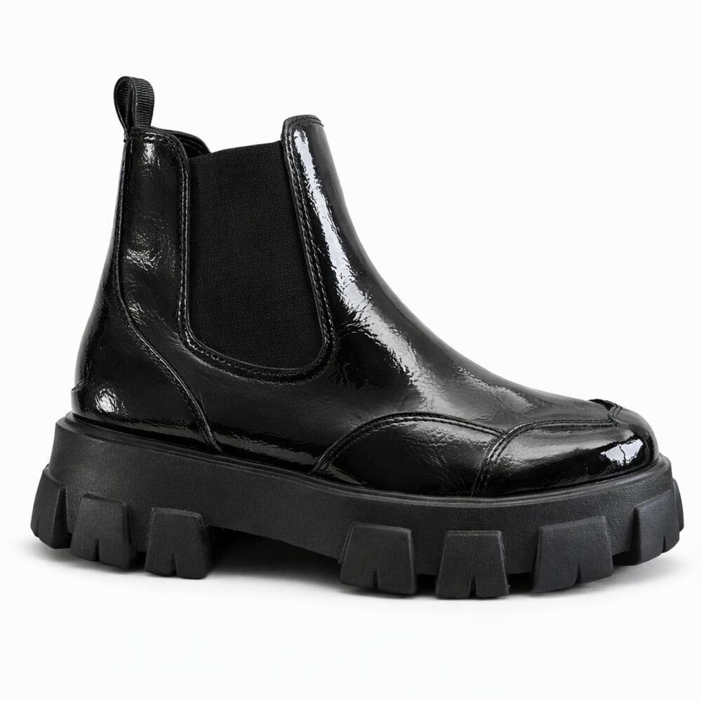 CHUNKY PLATFORM FAUX LEATHER PULL ON CASUAL EVERYDAY WEAR  ANKLE BOOT